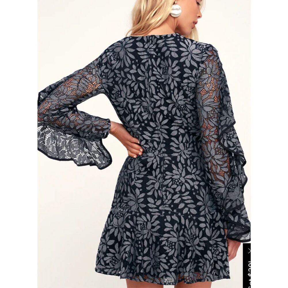 Keepsake The Label Dresses Engage Navy Blue Lace Long Sleeve Dress Large - Picture 2 of 10